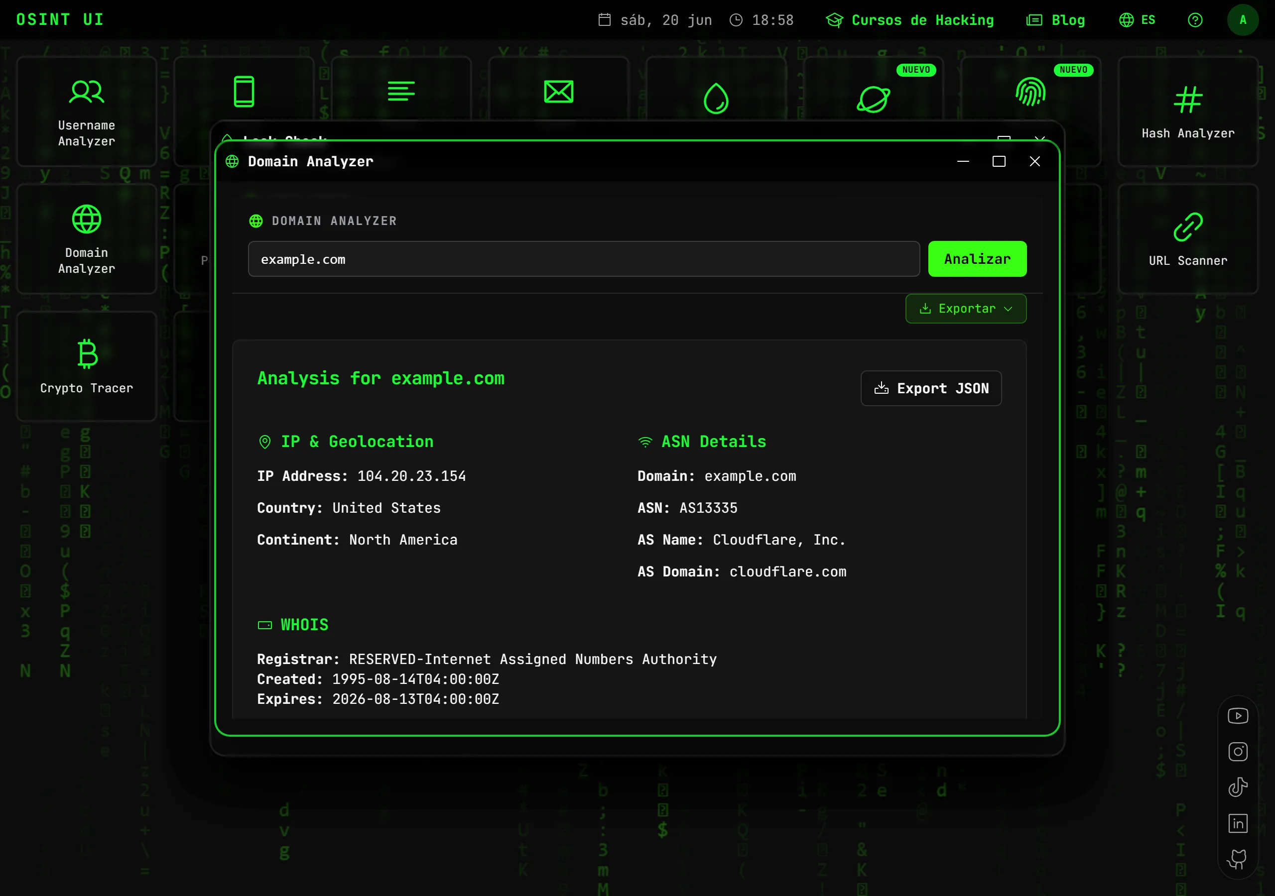 Domain Analyzer — Recopila WHOIS, registros DNS, subdominios, certificados y emails corporativos de cualquier dominio en segundos.