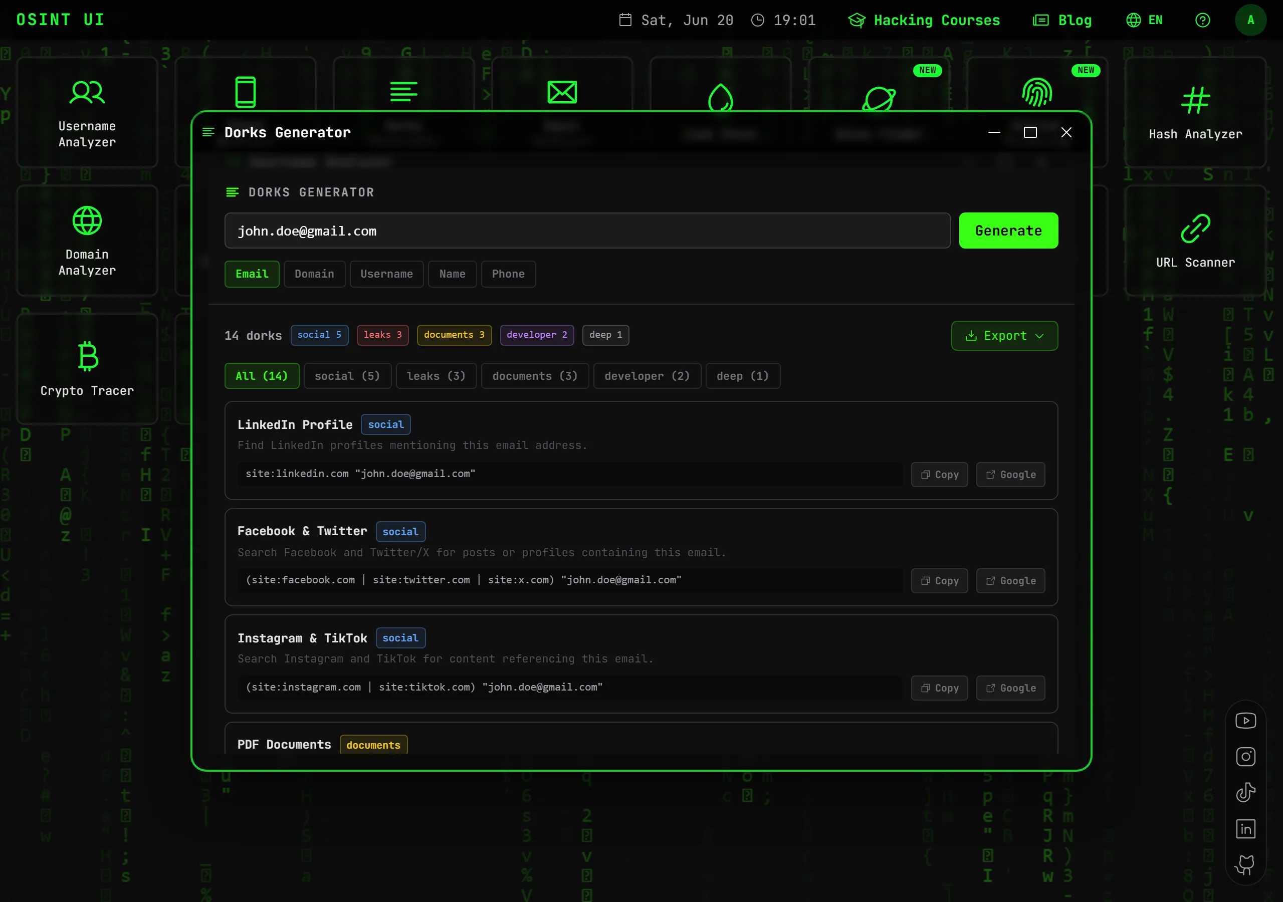 Dorks Generator — Generate advanced, custom Google Dork queries to investigate emails, domains, usernames or full names.