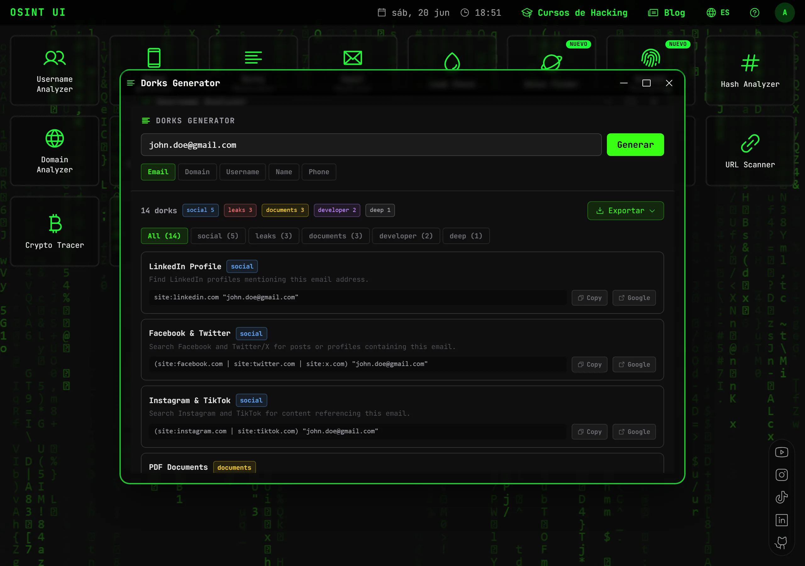 Dorks Generator — Genera consultas Google Dork avanzadas y personalizadas para investigar emails, dominios, usuarios o nombres.