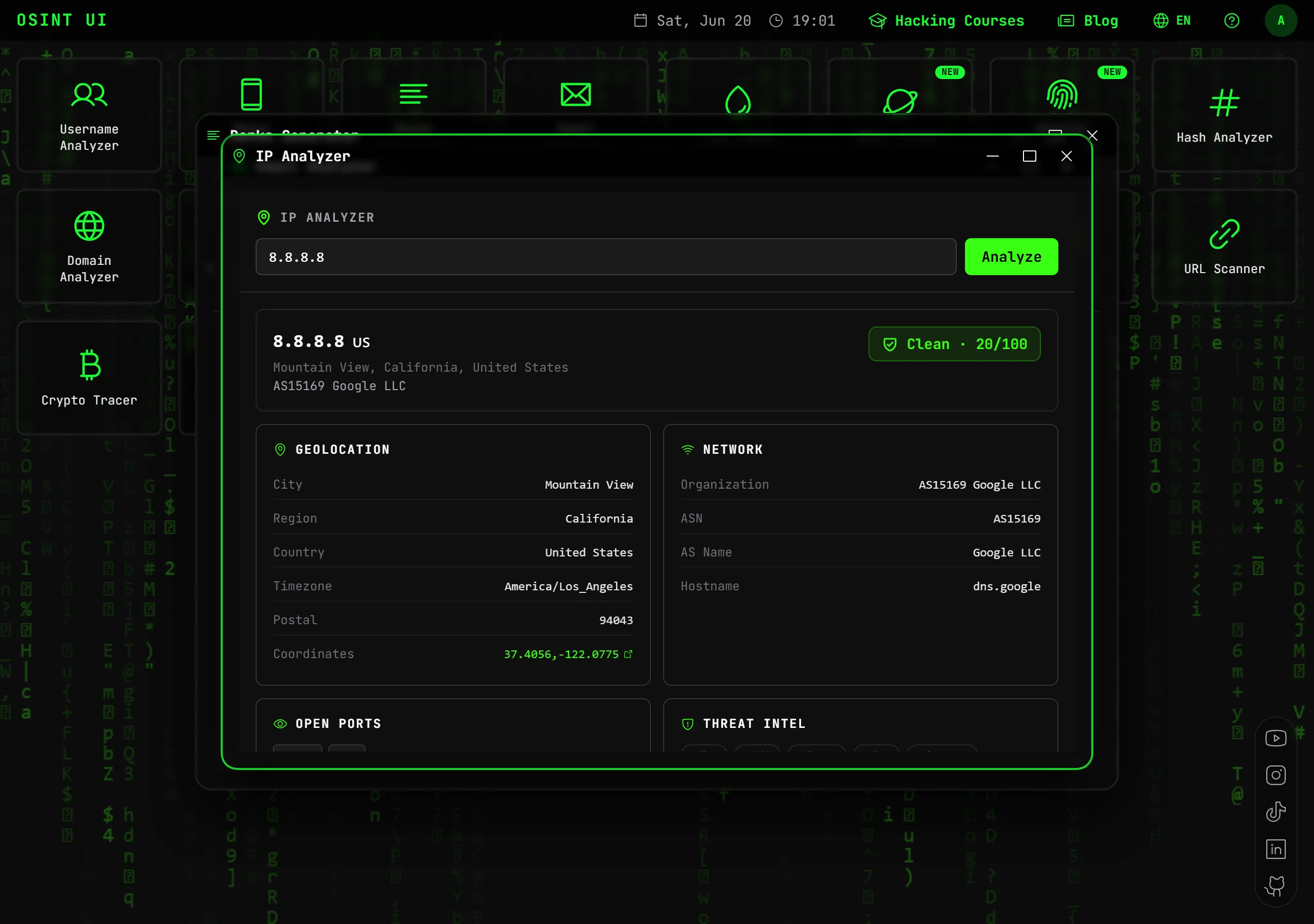 IP Analyzer — Geolocate an IP and get its ASN, open ports, CVEs and threat intelligence from several sources at once.