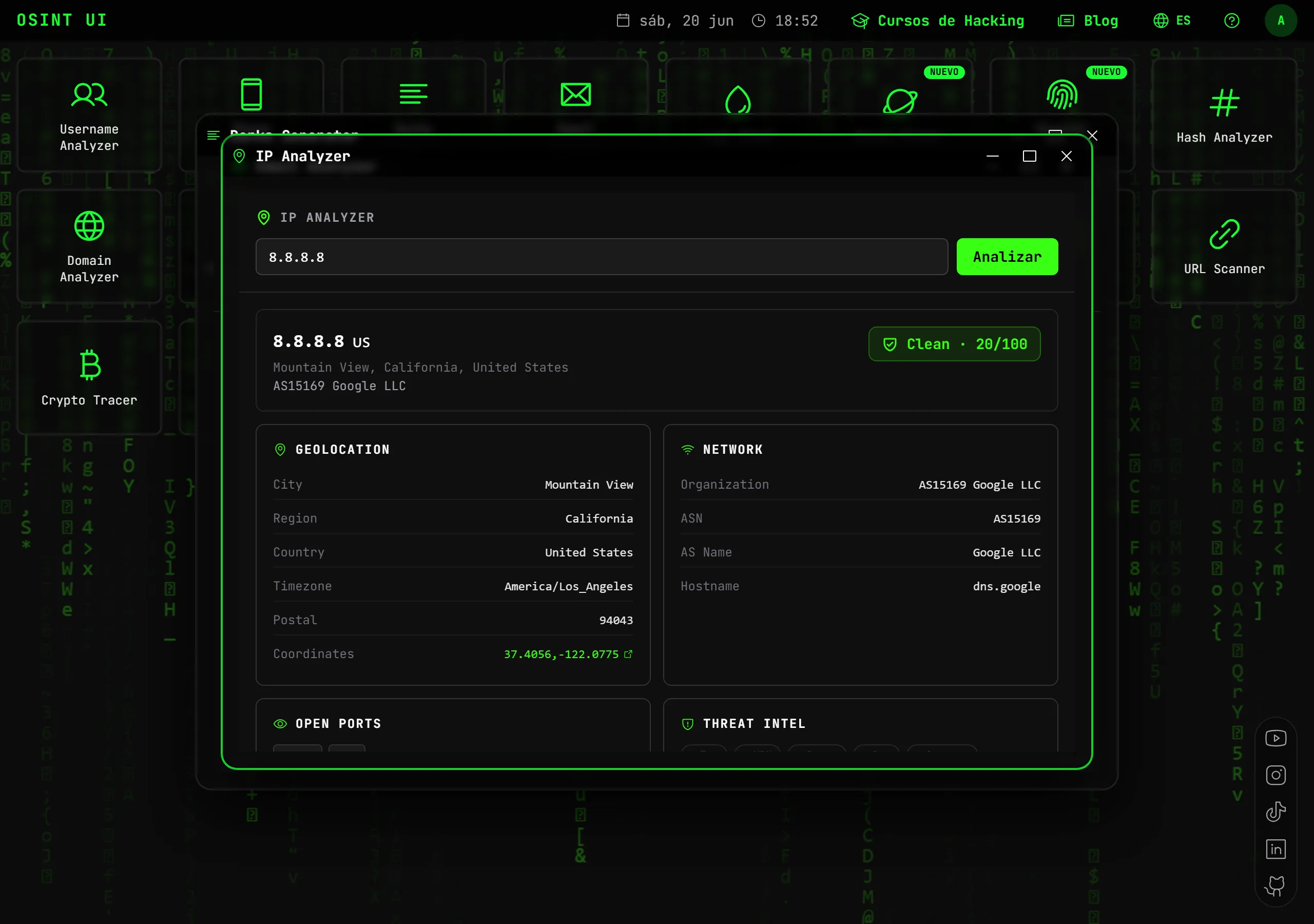 IP Analyzer — Geolocaliza una IP y obtén su ASN, puertos abiertos, CVEs e inteligencia de amenazas desde varias fuentes.