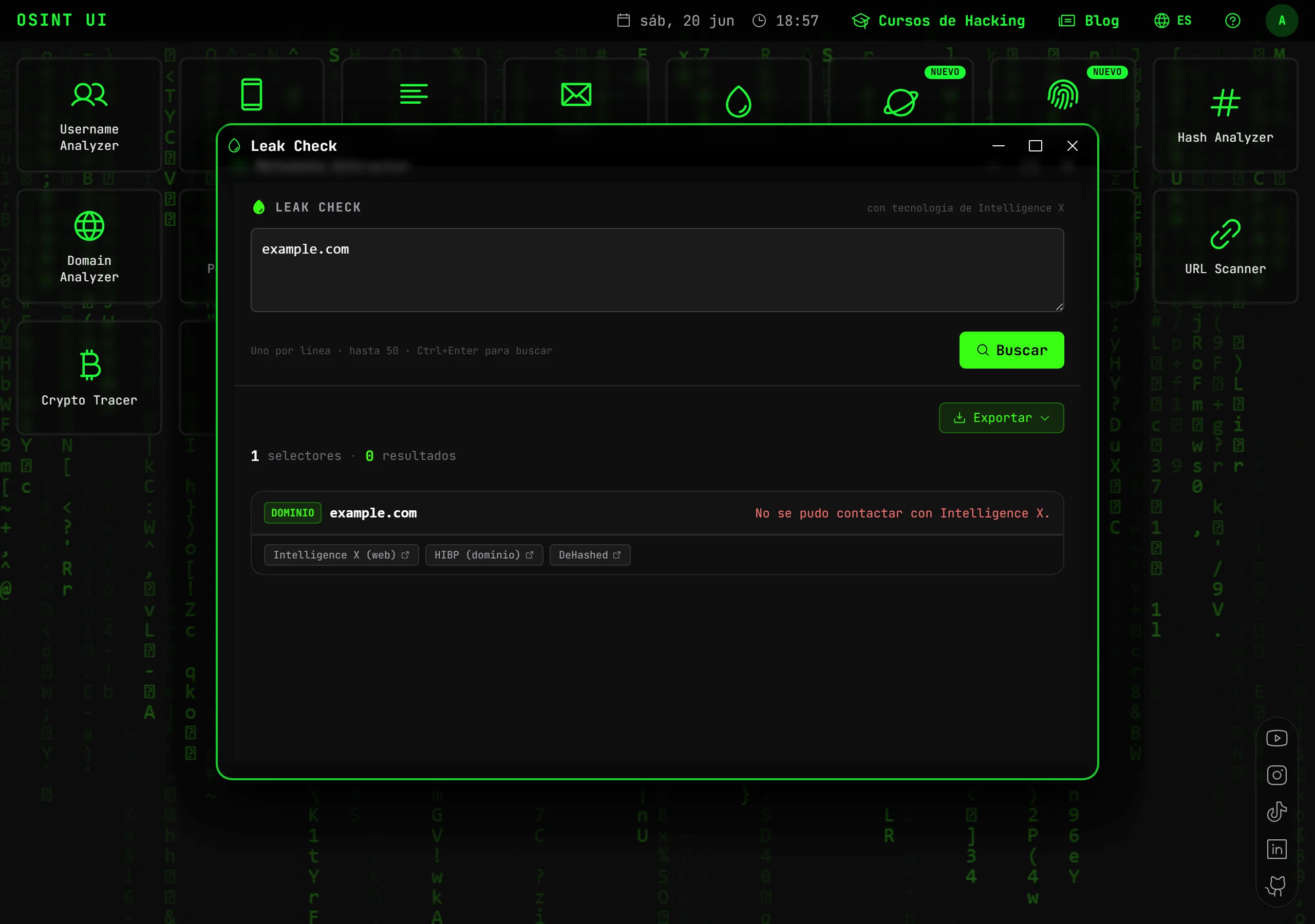 Leak Check — Busca filtraciones de un email, dominio, IP o teléfono en pastes, leaks, foros y darknet con Intelligence X.