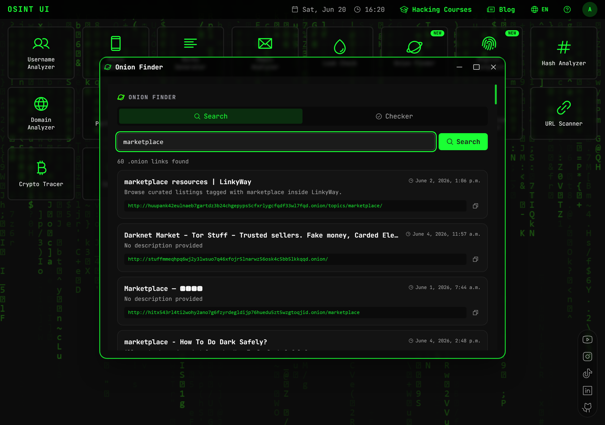 Onion Finder — real tool screenshot with demo data