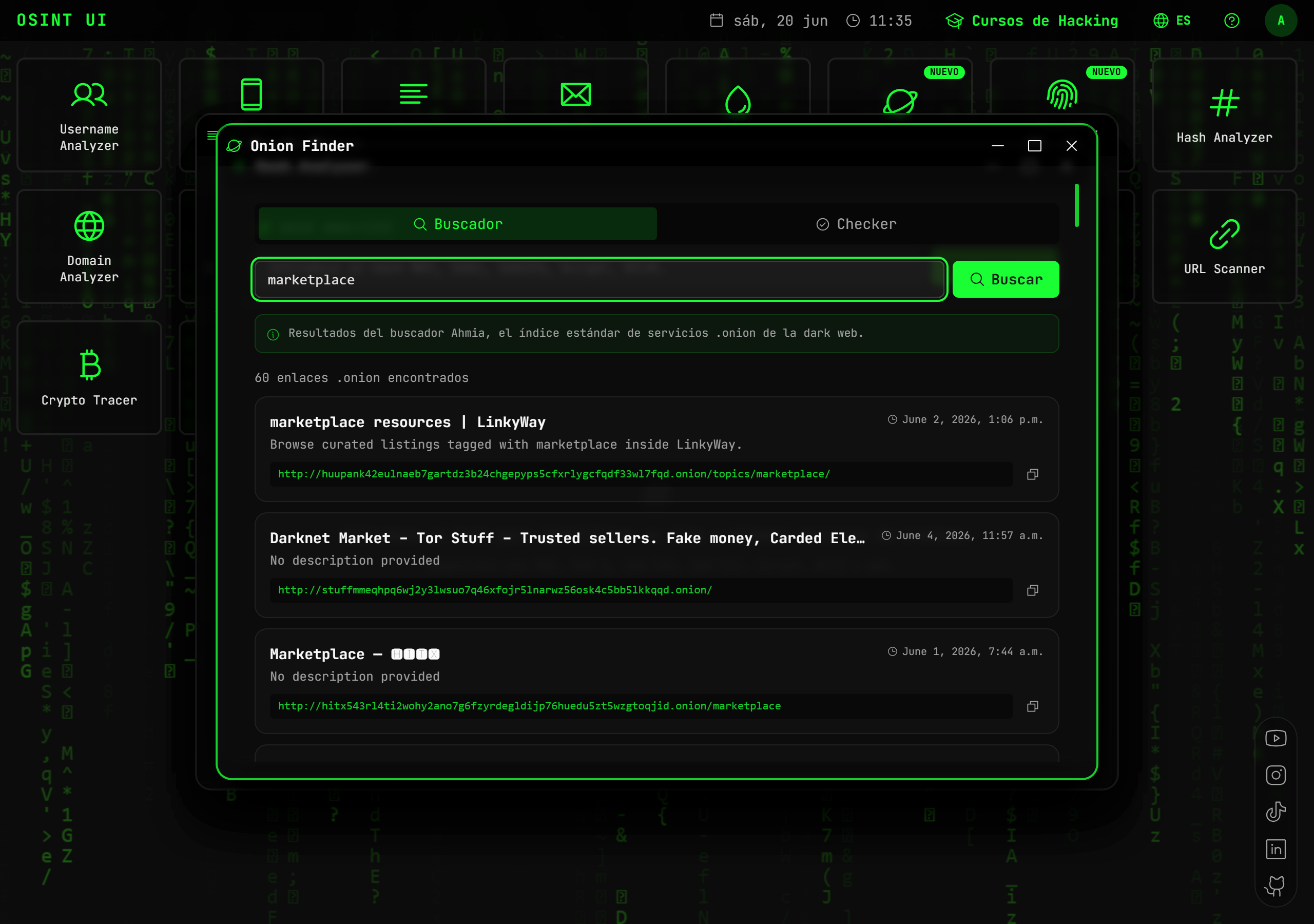 Onion Finder — captura real de la herramienta con datos de demostración