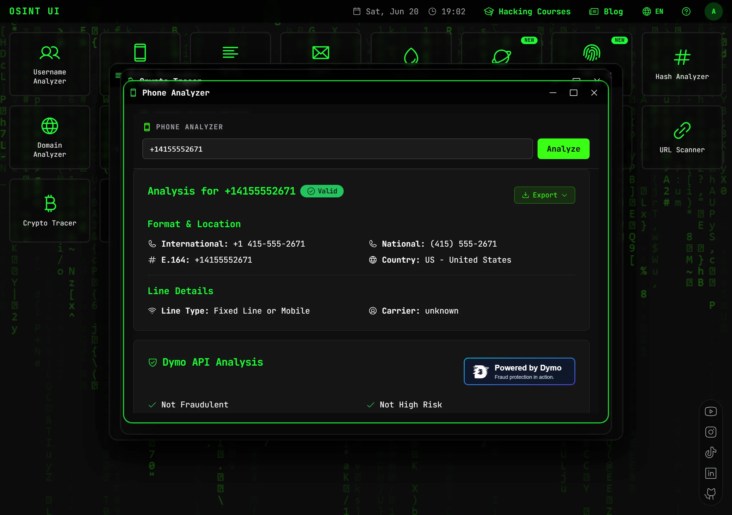 Phone Analyzer — Get the carrier, line type, country and risk signals of a phone, plus its trail across socials and leaks.